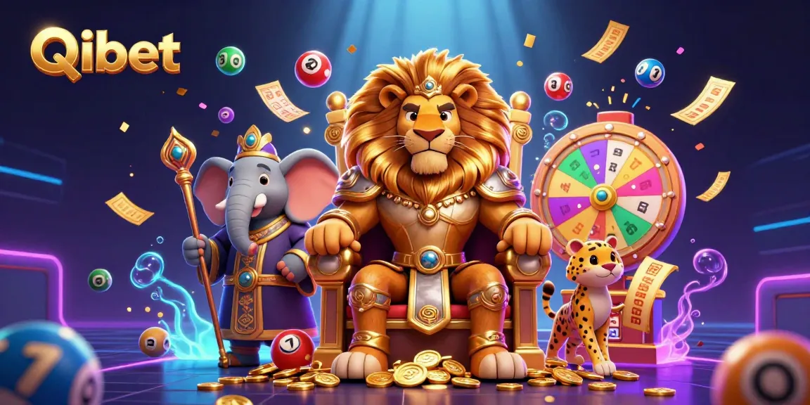 Engage with Qibet's dynamic online gambling scene featuring a lion king, elephant advisor, and cheetah messenger amidst vibrant games.