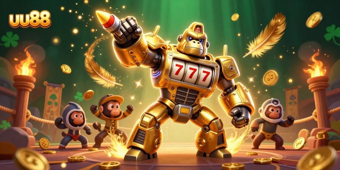 Experience thrilling gameplay at uu88 with a dynamic golden gorilla mech and vibrant casino elements.