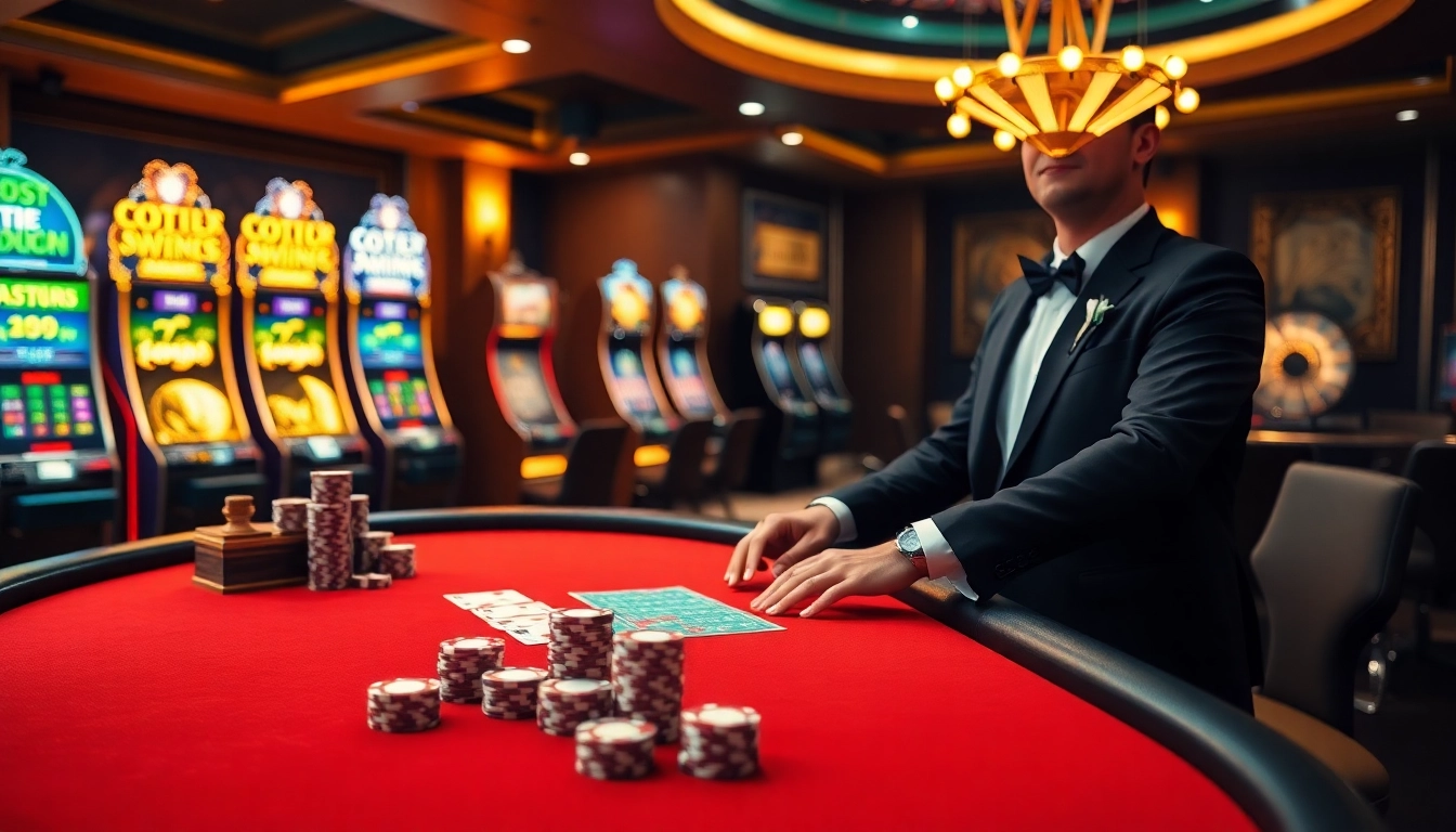 Experience the thrill of a professional casino scene with OKFUN, featuring tables, cards, and slots.