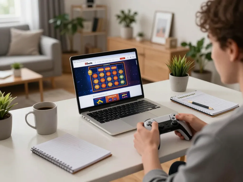 Engaged player using trang chủ 58win on laptop during an online gambling session at home with strategic notes.