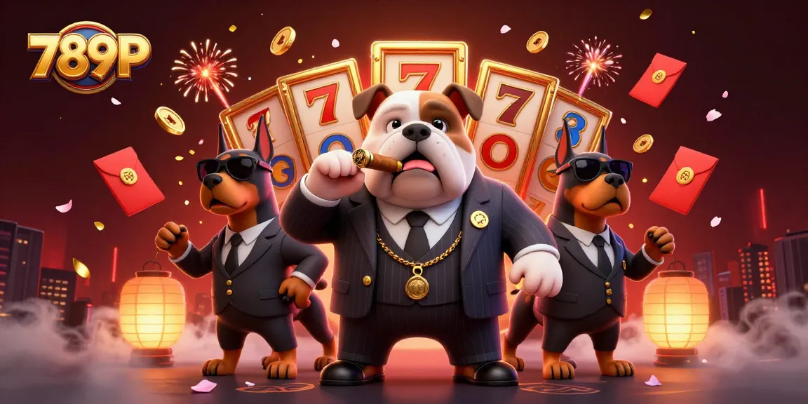 Experience thrilling slots at 789P with a mafia boss bulldog and bodyguard Dobermans in an exciting casino scene.