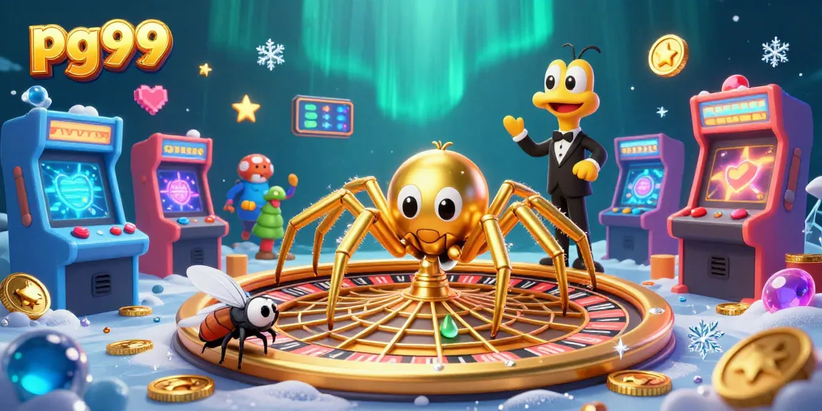 Place bets at pg99 while a golden spider spins a roulette wheel, showcasing gaming excitement.