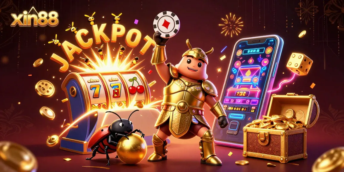 XIN88 jackpot celebration with a hercules beetle lifting a poker chip, surrounded by slot machine action.