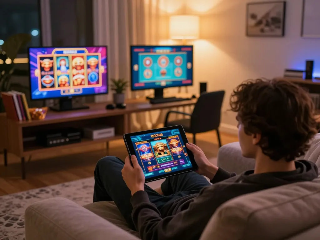 Engaging online casino gameplay on the Hitclub app from a cozy home setup with warm lighting