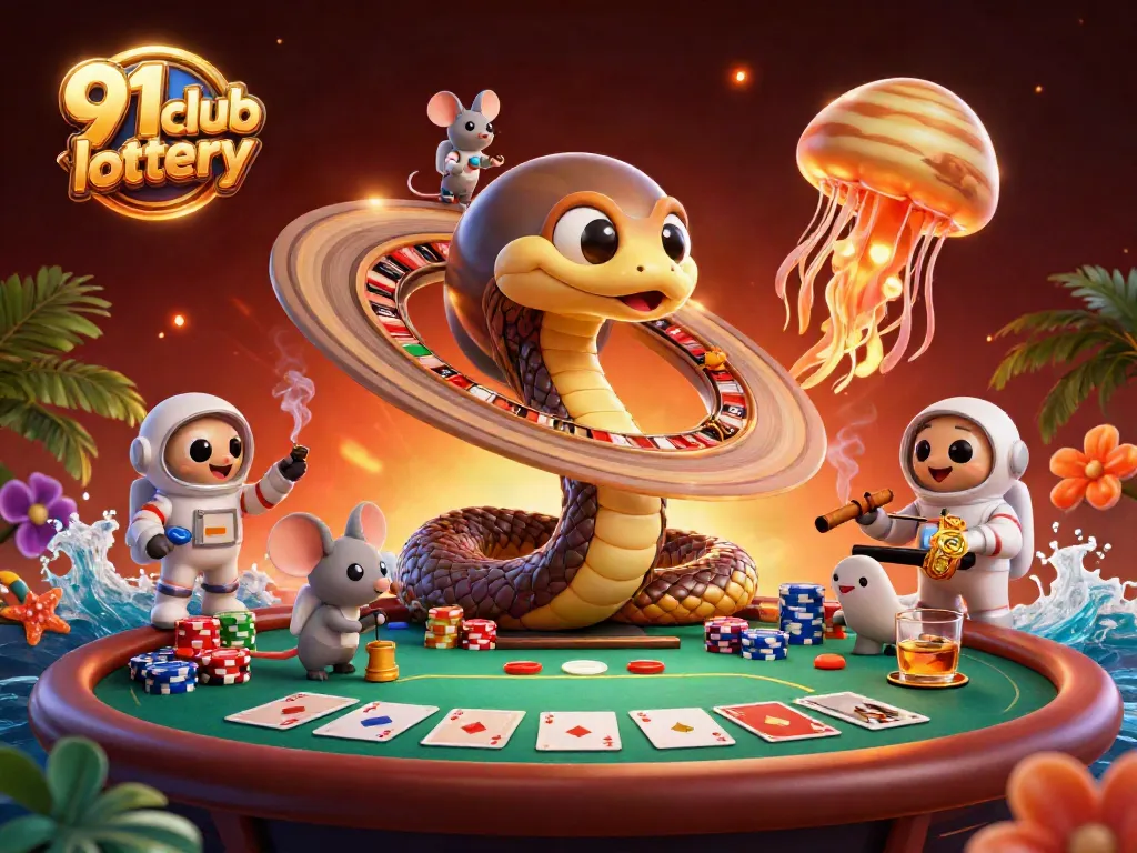 Engage in 91 club lottery with astronaut mice betting on a cosmic roulette wheel featuring vibrant casino elements.