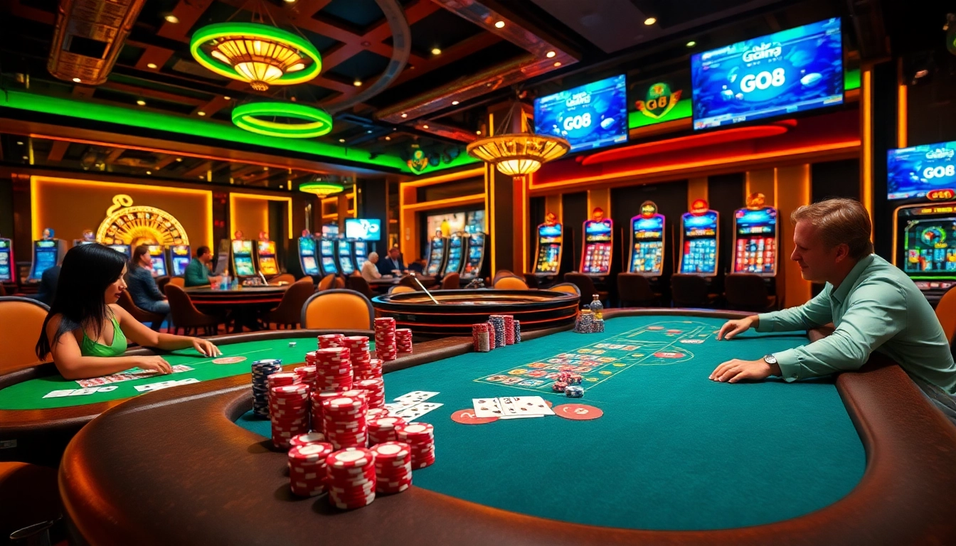 Players at GO8 casino enjoying poker and blackjack at vibrant tables with colorful chips and cards.