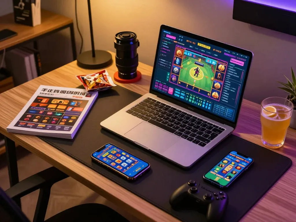 Engaging in thrilling slot88 gameplay on a laptop amidst a well-organized home office setup with strategic notes and snacks