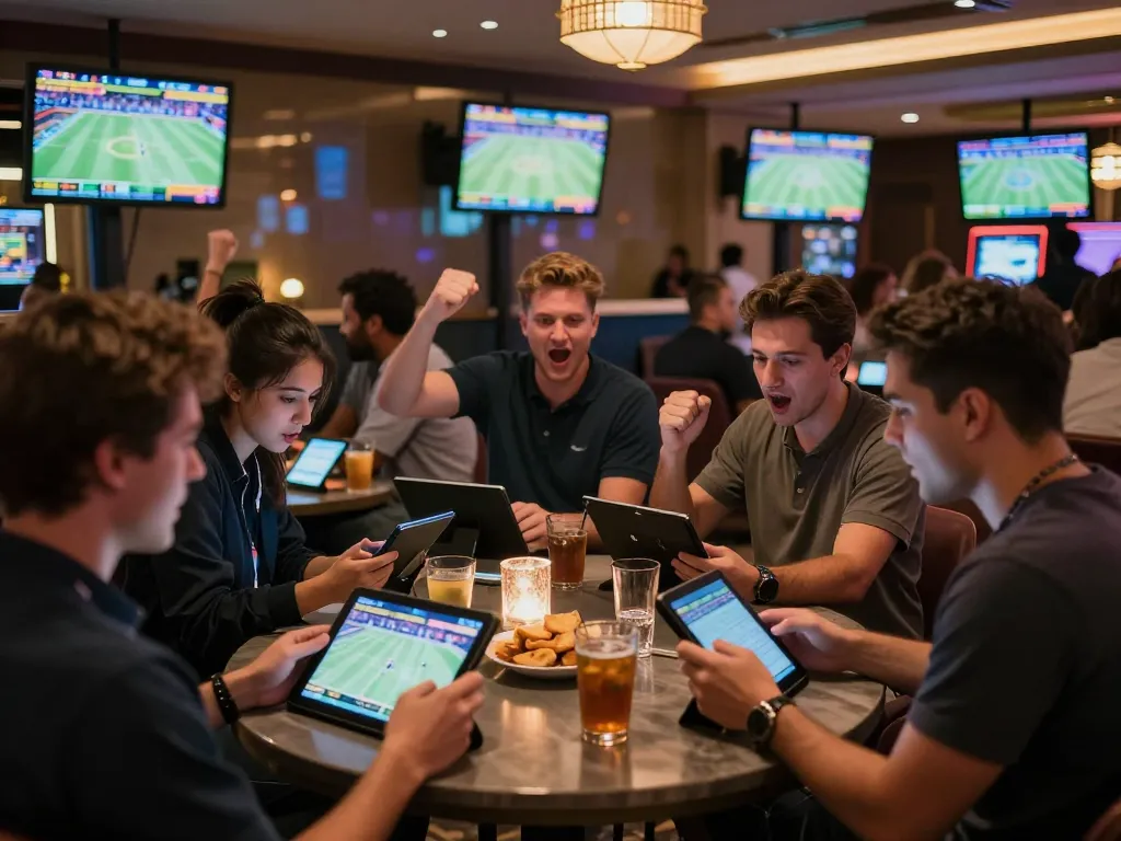 Engaged bettors analyzing odds at https://uu88.blog/ in a vibrant sports betting lounge.