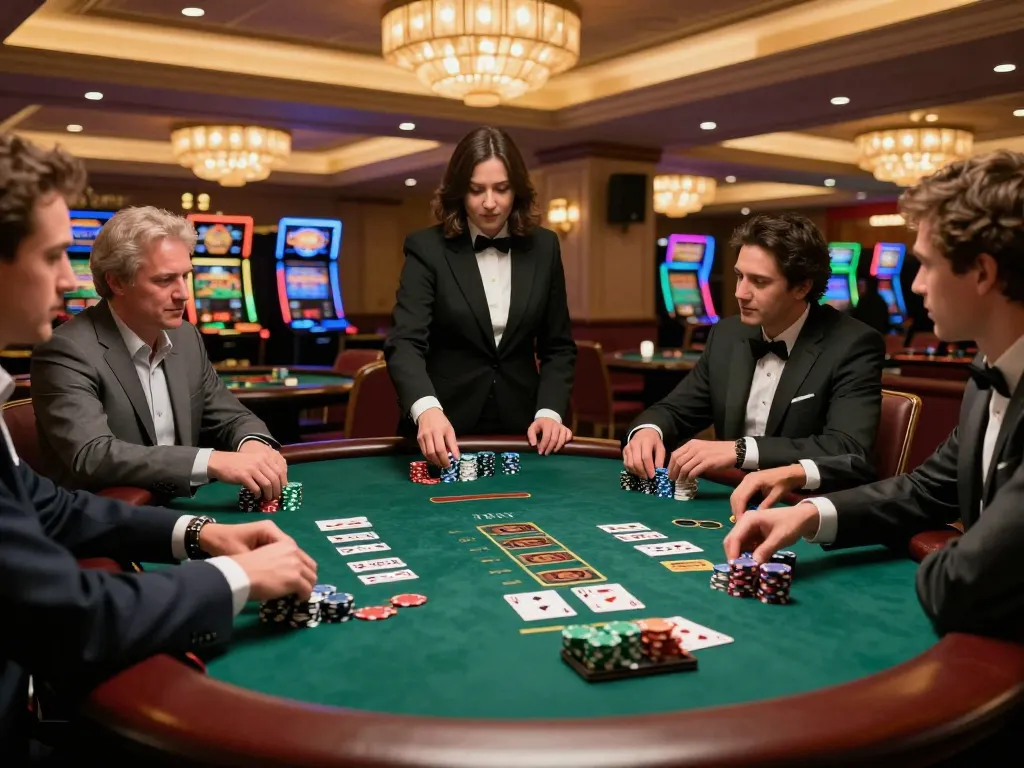 Players strategizing at a blackjack table in a luxury casino, featuring DA88 gaming atmosphere