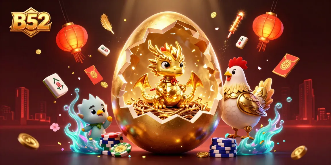 B52 casino scene featuring a golden egg and dragon over poker chips with vibrant decorations.