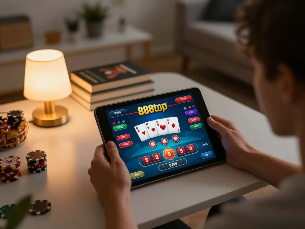 Player engaging with 888top app on tablet in cozy home setup, showcasing interactive online gaming.
