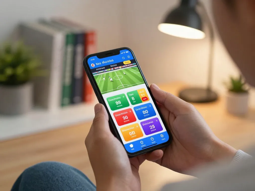 Engaging with keo nha cai on a smartphone in a cozy home office for live sports betting.