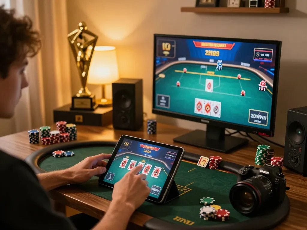 Engaging gameplay on 23winn tablet at home, showcasing strategic betting.