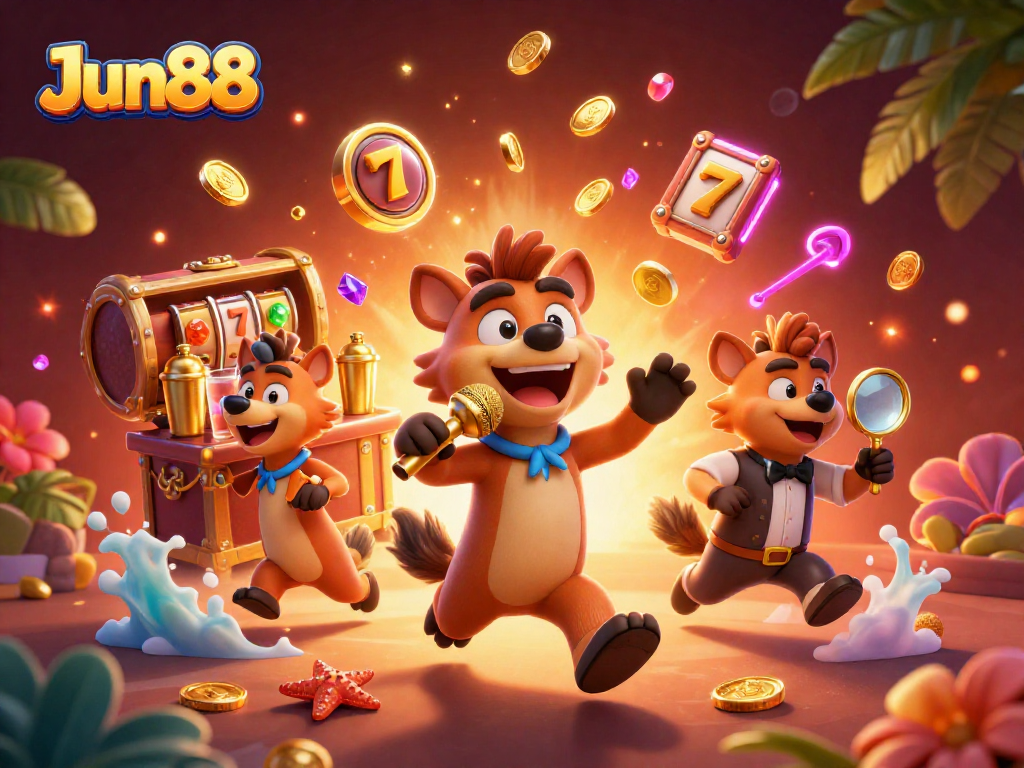 Watch Jun88 hyenas entertaining in a vibrant casino scene filled with excitement and treasure.