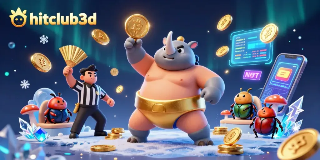 Engage in exciting gameplay at hitclub3d with a vibrant 3D illustration featuring crypto elements and a sumo champion.