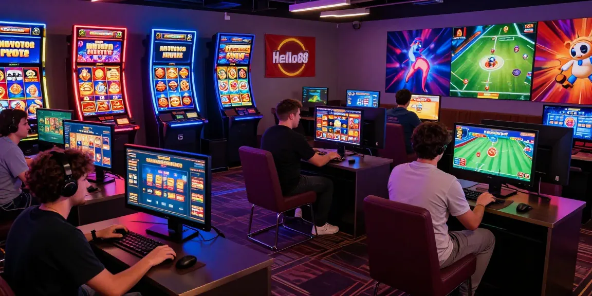 Dynamic online gaming experience at https://hello88ke.com/ featuring players engaged with a variety of games in a lively virtual lounge.
