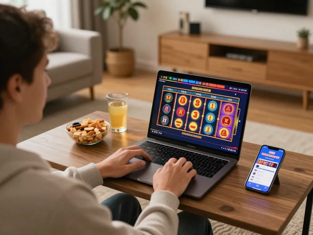 Enjoying thrilling gameplay at KKBD Casino on a cozy laptop setup, vibrant slot reels on display.