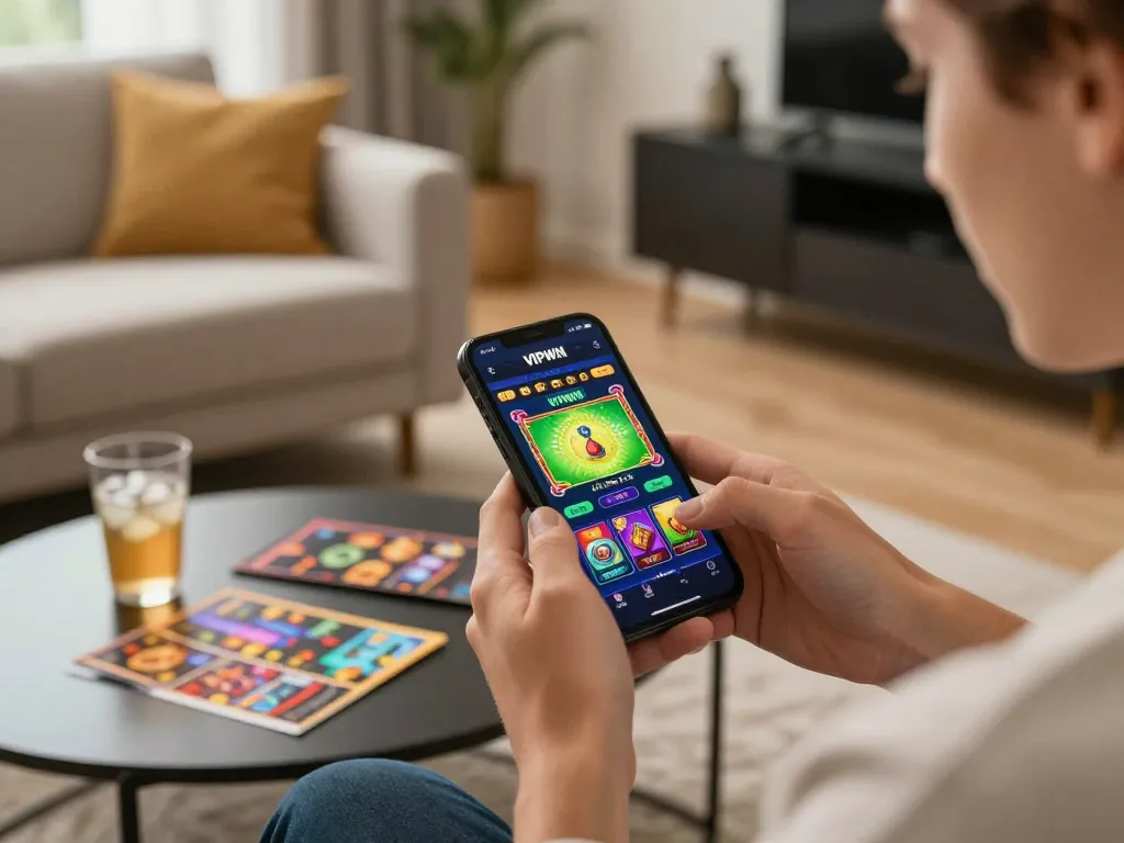 VIPWIN player immersed in mobile gaming strategy at home, showcasing engaging gameplay options.