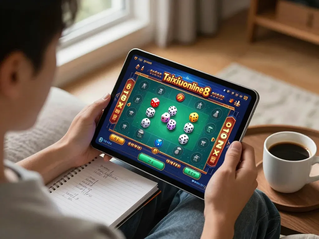 Engaging player using taixiuonline8 for an exciting Tài Xỉu gaming experience in a cozy setting.