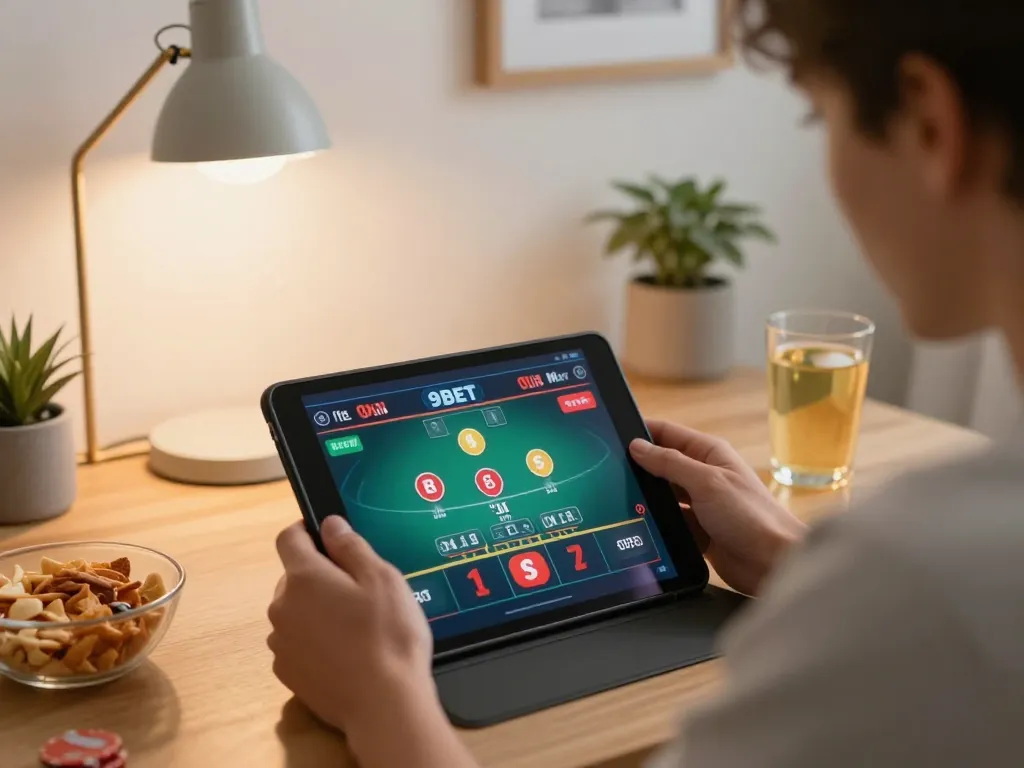 Engaging scene of a player enjoying blackjack on 9BET tablet in a cozy home setting