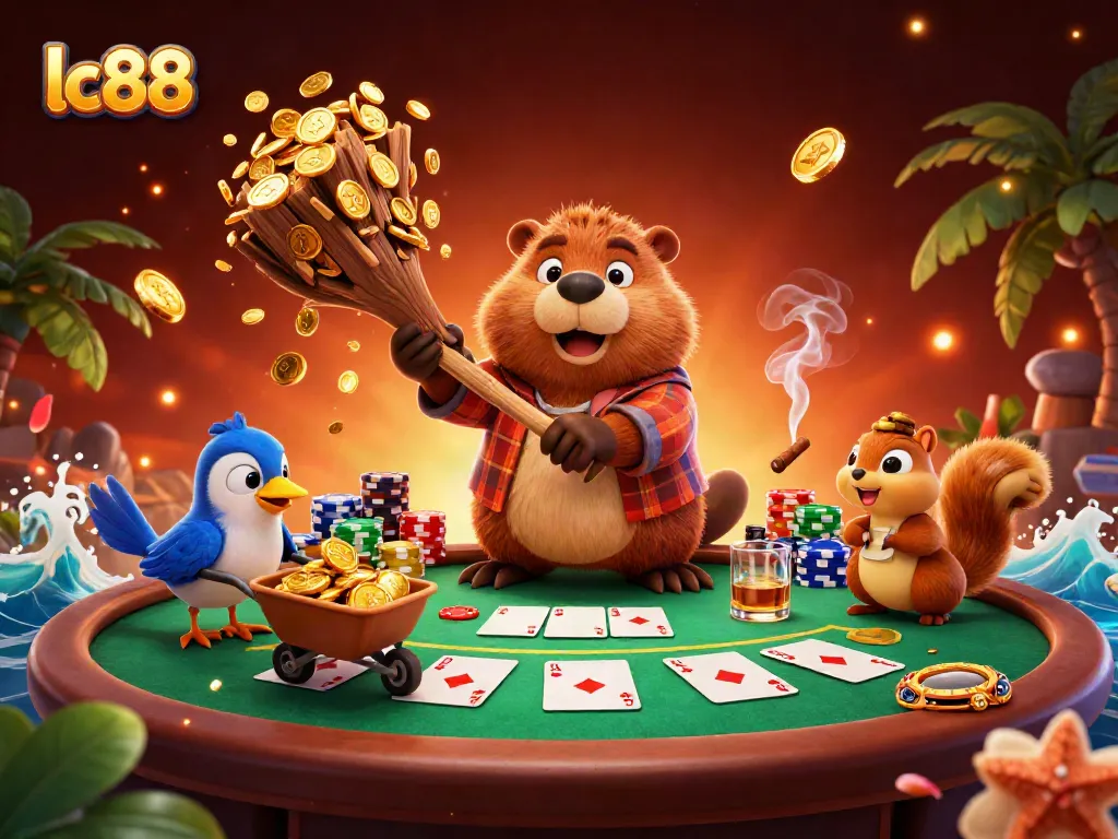 Experience the thrilling gaming atmosphere with lc88 featuring a whimsical scene of a beaver, bird, and squirrel joyfully collecting golden coins.