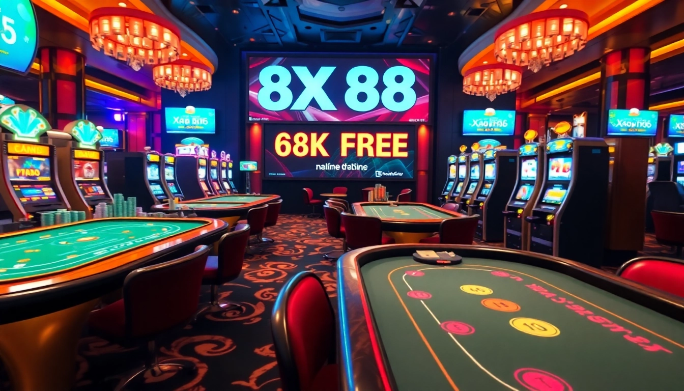Engaging scene of nhà cái XX88's vibrant online casino with Baccarat tables and bright slot machines.