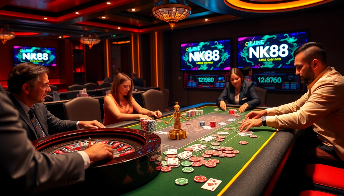 NK88 casino scene with players enjoying high-stakes gambling at a stunning poker table.