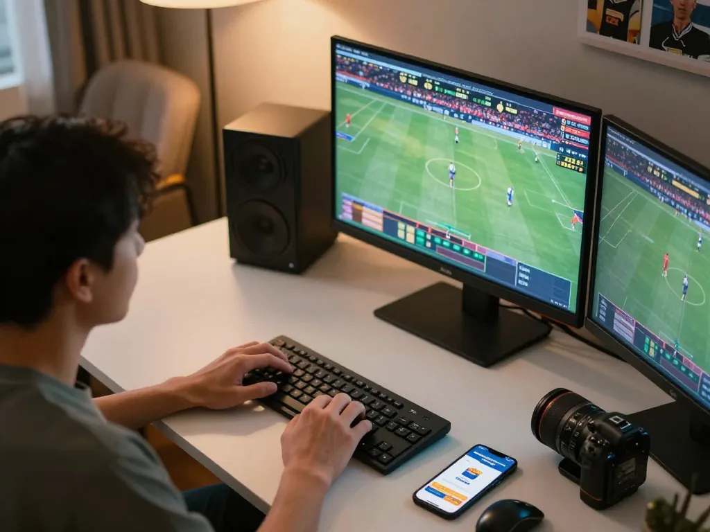 Engaging moment at 78wingo sports betting setup with multiple screens displaying live events