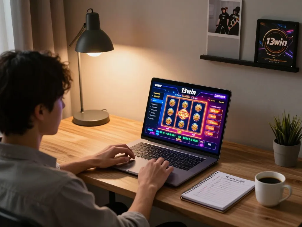 Engaging with 13win nhà cái app on a laptop in a cozy home office.