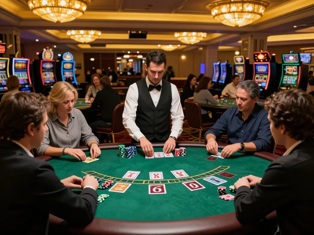 Players engage in a thrilling blackjack game at a luxurious casino, showcasing man88ink’s exciting atmosphere.