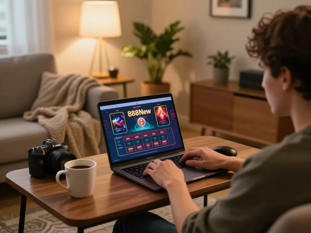 Player enjoying online gaming at 888New, showcasing a detailed interface and cozy home setting.