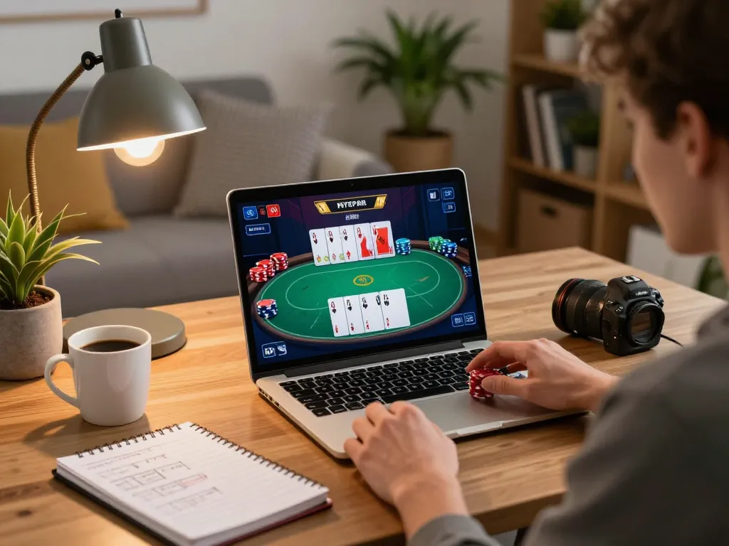 Engaged user at home playing poker on 789bet platform, showcasing an inviting online gambling environment.