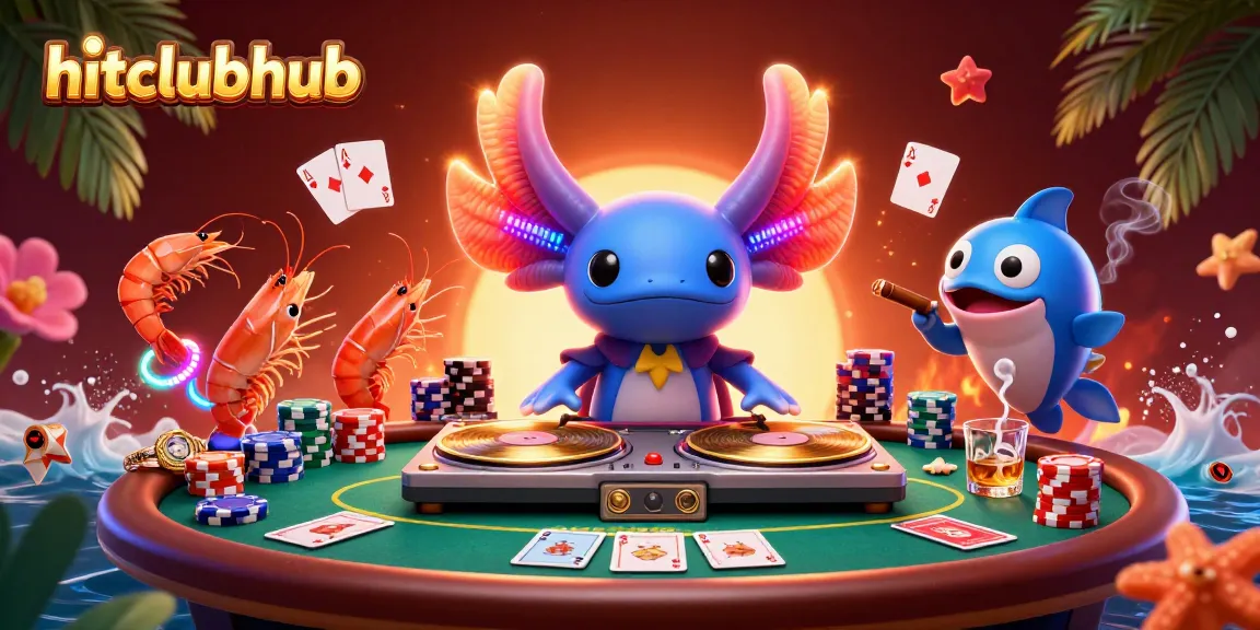 Experience thrilling gameplay at hitclubhub with a vibrant casino scene featuring an axolotl DJ and poker elements.