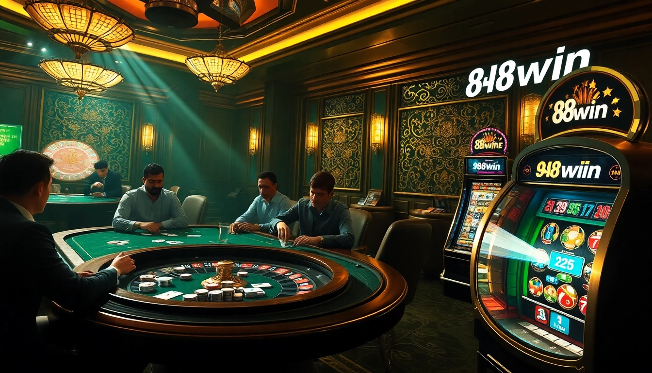 Experience the thrill of 98win with players enjoying a high-stakes poker game and vibrant casino atmosphere.