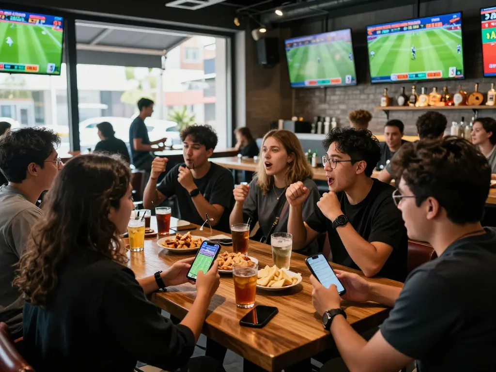 Excited group analyzing tỷ lệ kèo nhà cái 5 in vibrant sports bar setting.