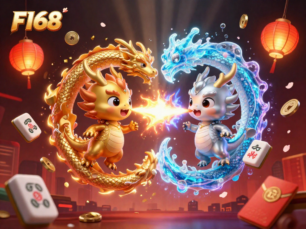 Experience dynamic gaming with F168 as twin dragons oppose fire and ice, surrounded by vibrant casino elements.