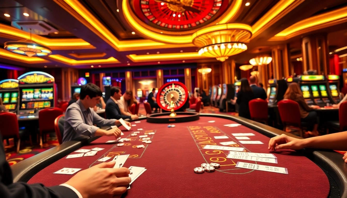 Exciting casino scene showcasing players at tables and slot machines at 888NEW.