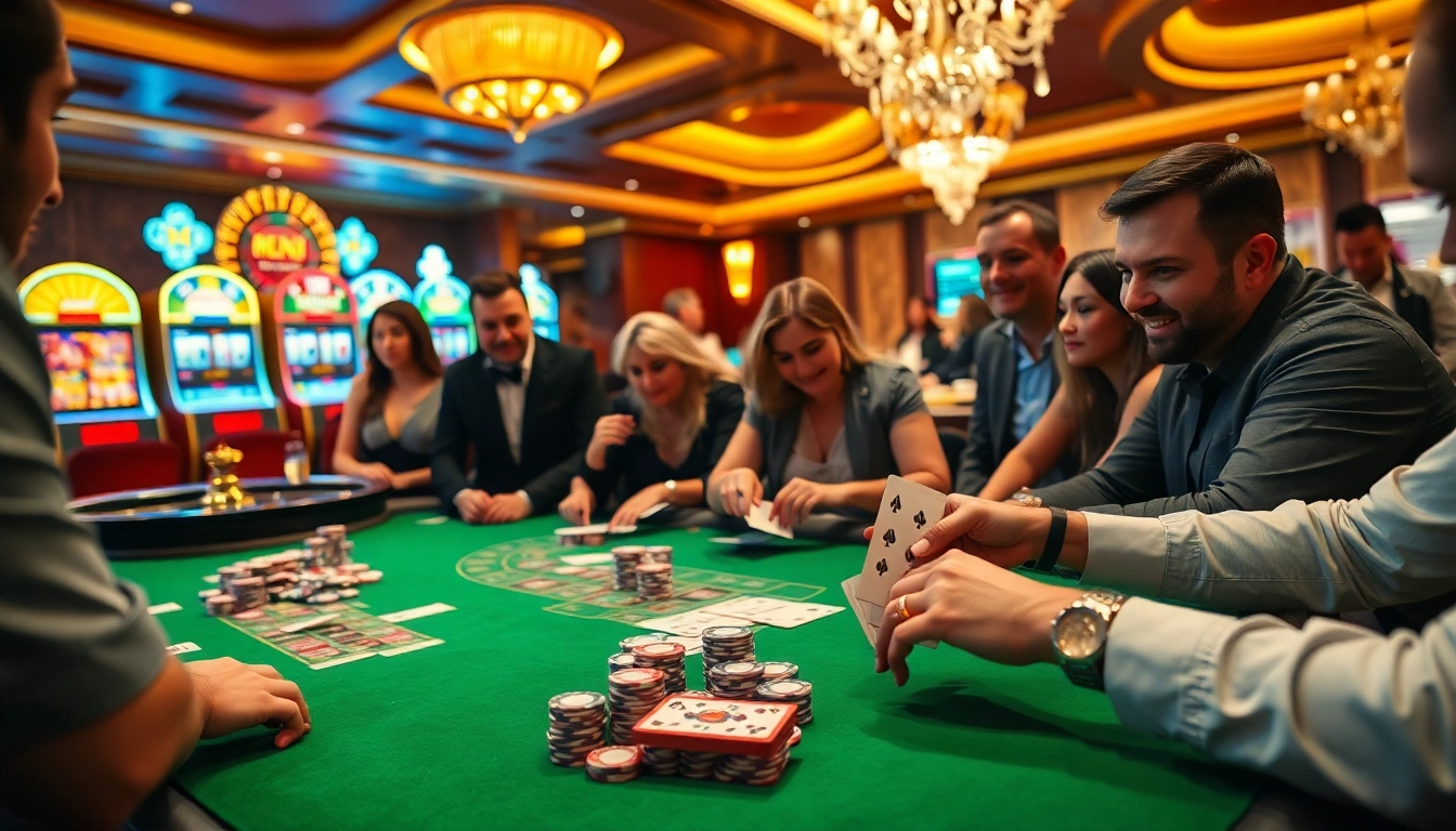 VIPWIN players enthusiastically engage at a high-stakes poker table amidst a vibrant casino atmosphere.