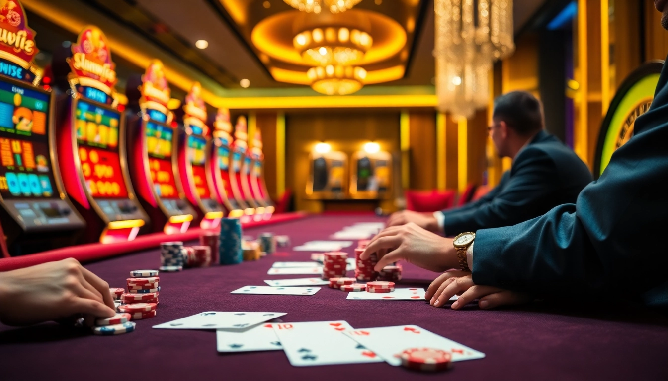 Experience sunwin excitement at a luxury casino with a vibrant poker table and roulette wheel.