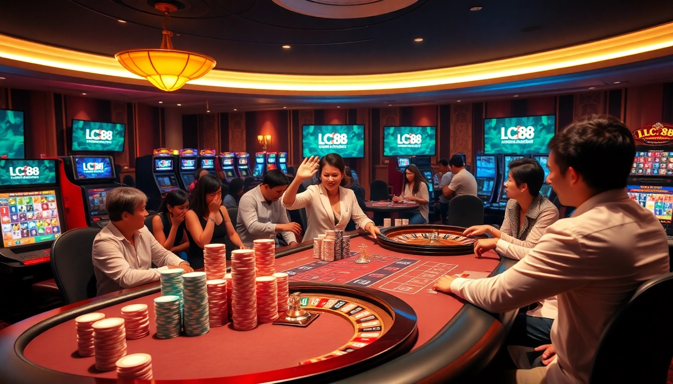 Players enjoying a thrilling game at LC 88 casino table with vibrant atmosphere.
