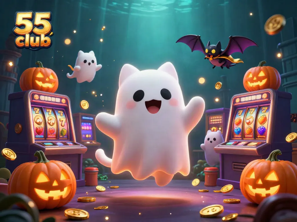 Explore immersive gaming with 55 club in this vibrant casino scene featuring lively slots and characters.