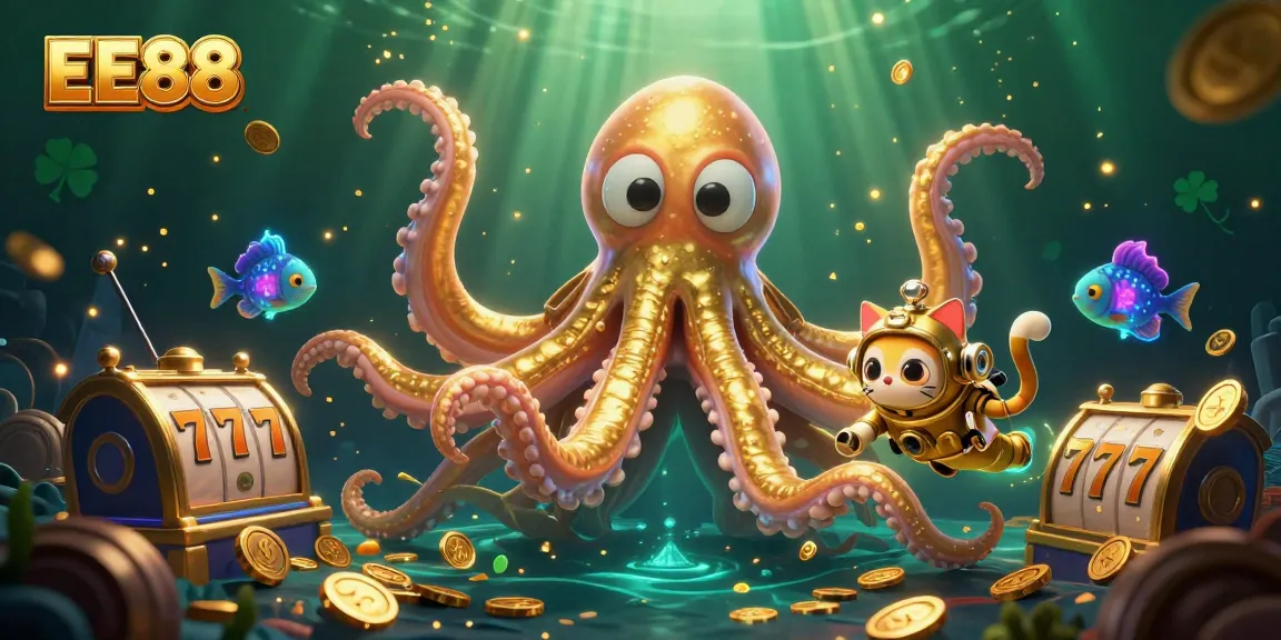 Engage with EE88's thrilling slot experience, showcasing a 3D kraken and vintage diving cat amidst dynamic treasures.