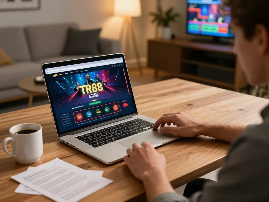 Player engaging with the TR88 link on a laptop, surrounded by betting notes and coffee in a cozy setting.