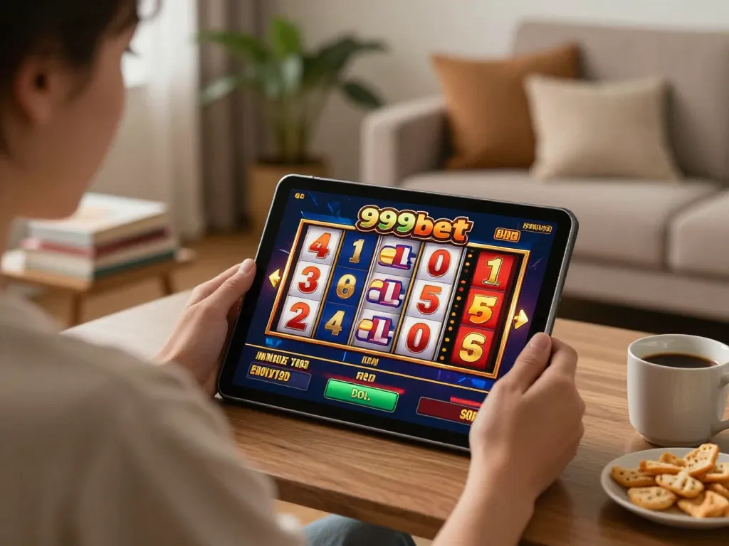 Engaged player spinning 999bet slots on a tablet in a cozy home setting.