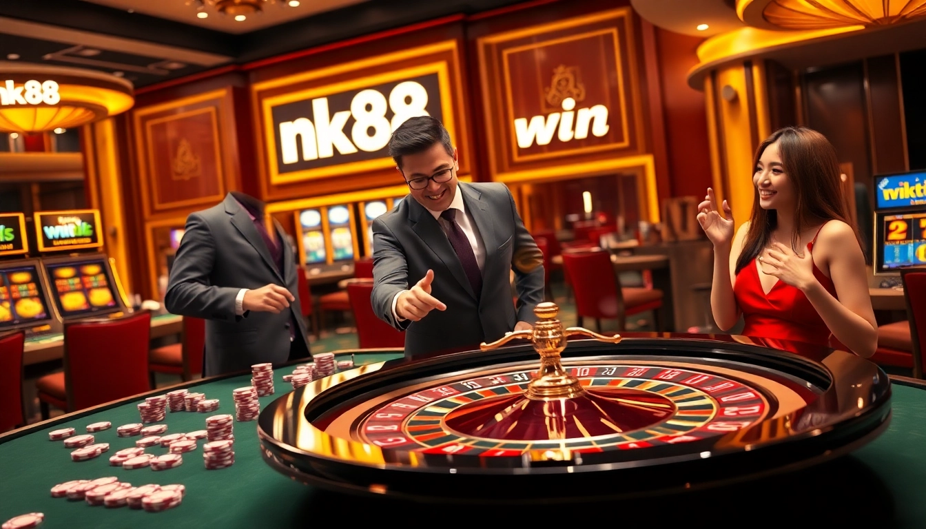 nk88 win attracts players to a luxurious casino atmosphere with poker chips and roulette wheels.