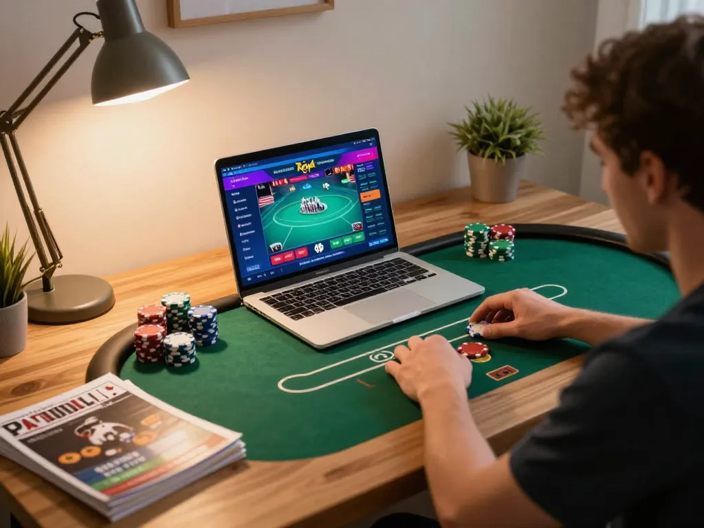 Player mastering online poker strategies with SC88 chips and laptop in a cozy home setting.