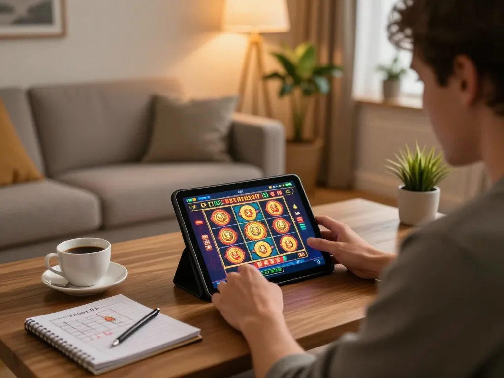 B52club player enjoying an exciting slot game on a tablet in a cozy home setup.