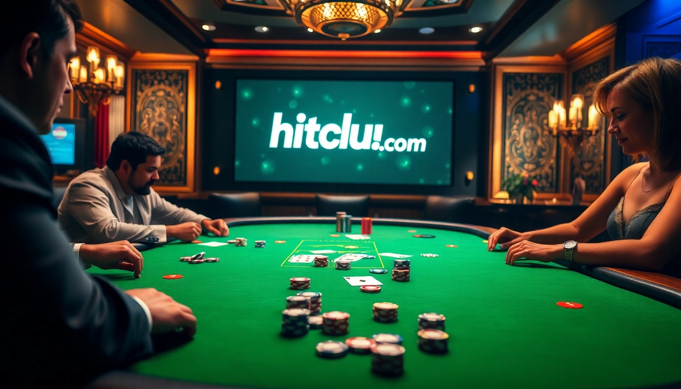 Experience excitement at hitclub com with players enjoying a thrilling poker game at a luxurious casino table.
