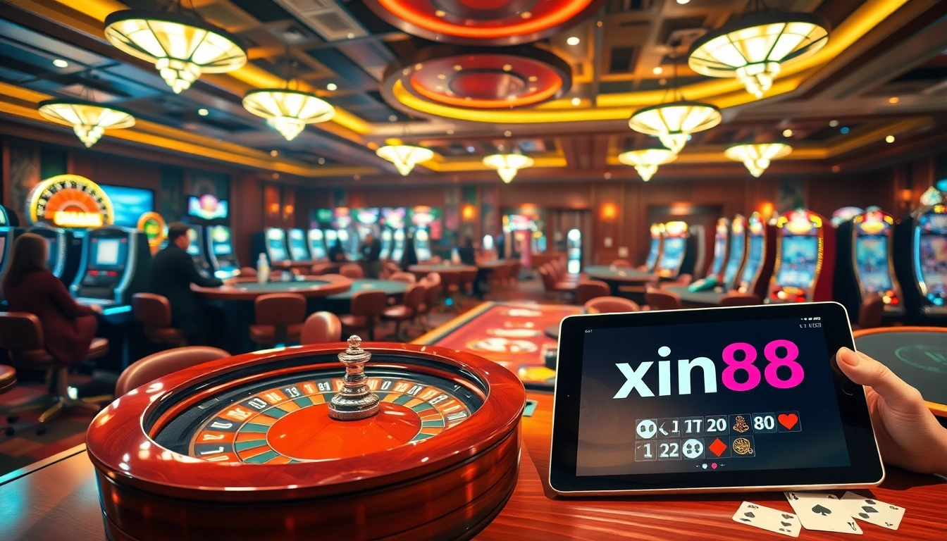 Exciting casino atmosphere at xin88 with poker tables and vibrant slot machines in view.
