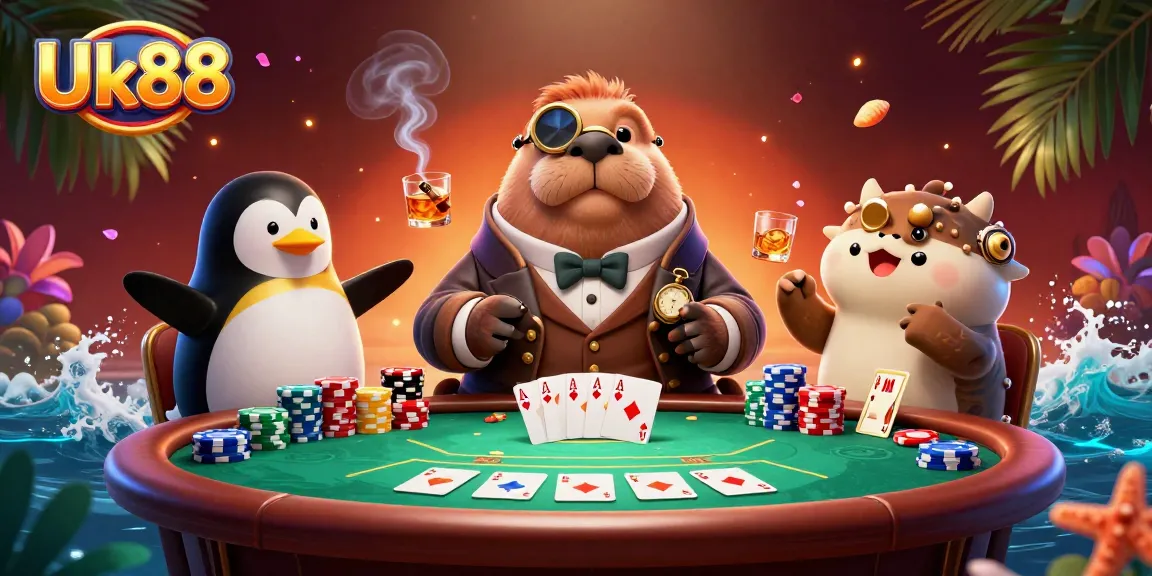 Engage with captivating Uk88 poker action featuring a walrus, sophisticated penguin dealer, and bluffing pufferfish.